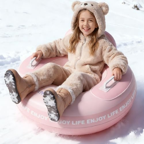 Snow Tube, 34‘’ Snowman Snow Tubes for Kids & Adults, Durable Cold-Resistant Inflatable Snow Sled with Handles & Tow Rope, Heavy-Duty Inflatable Sled, Portable Air Sled with Fast Valve (Pink)