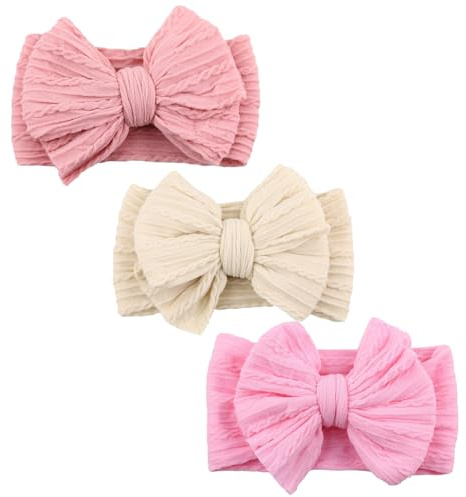 3 Fasce per Capelli Neonata, morbidi cerchietti con fiocchi per bambine, accessori per capelli (Rosa scuro, Beige, Rosa medio)