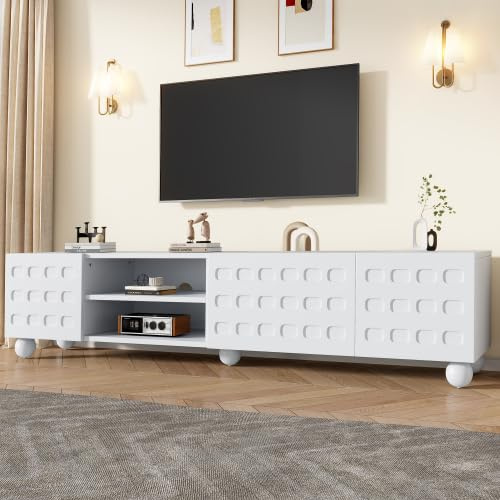 Merax Mueble de TV de 200 cm para televisores de 80 pulgadas, mueble bajo blanco con 3 puertas y compartimento semiabierto, armario moderno con 5 patas estables para sala de estar