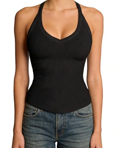 LEHEEYWT V Neck Tank Tops Women, Ribbed Racerback Halter Neck Top Summer Stretch Sleeveless Going Out Tops for Women UK Gym Workout Yoga