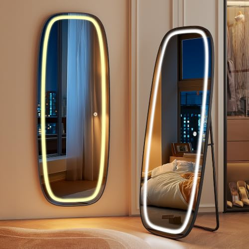 Hzuaneri Full Length Mirror with Lights, 160 x 50 cm, Tempered Glass | Arched Floor Mirrors with Stand, Full Body Mirror Wall Mounted, Standing Mirrors with 3 Color Lights, for Bedroom Living Room