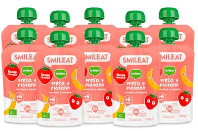Smileat - Pack de 10 Pouch de Frutas Ecológicas - Sin Sal ni Azúcar Añadido, Sin Gluten - Snack Práctico para Peques - Sabor a Fresa y Plátano