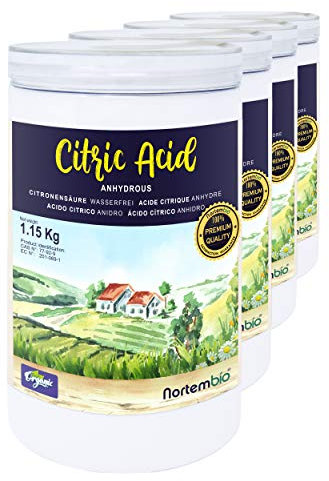 Nortembio Acido Citrico 4x1,15kg – Acido Citrico Anidro Concentrato 100 % Puro Certificato – Pulizia Domestica Multiuso – Senza OGM – E-Book Incluso