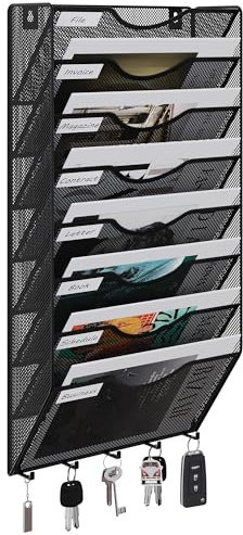 EasyPAG 8 Compartiments Métal Porte Revue Mural Porte Document Suspendu A4 Organisateur de Bureau à Suspendre Banette de Rangement Range Papier Corbeille a Courrier Murale avec 5 Crochets,Noir