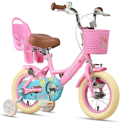 Glerc Maggie 12 Inch Kids Bike for 2 3 4 Years Old Little Girls Toddler Bicycles with ith Doll-Seat & Basket & Stabilisers for Gift, Pink