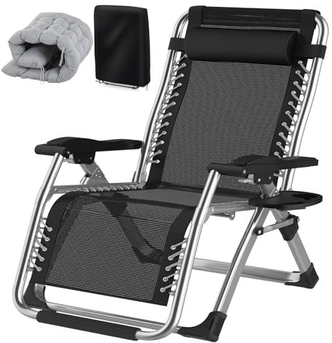 Fiutazge 83cm Ultra-Large transat Jardin Exterieur avec Coussin Rembourré, appuie-tête, Porte-gobelet, Chaise Longue Pliante avec Dossier réglable pour Jardin, Balcon, Plage terrasse (Gray)