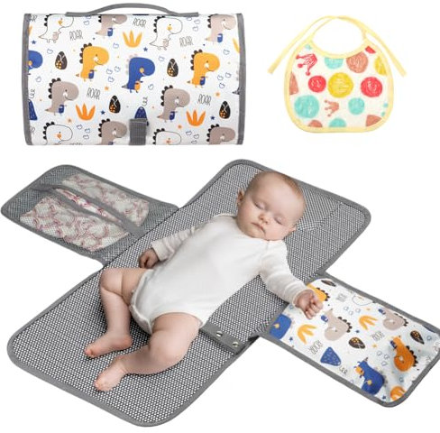 HOTUT Tragbares Wickelunterlage,Faltbar Baby Wickelauflage mit Babylätzchen,Wasserdichte Baby Wickelunterlagen mit Fächern für Unterwegs, Reise-Weiß Dinosaurier