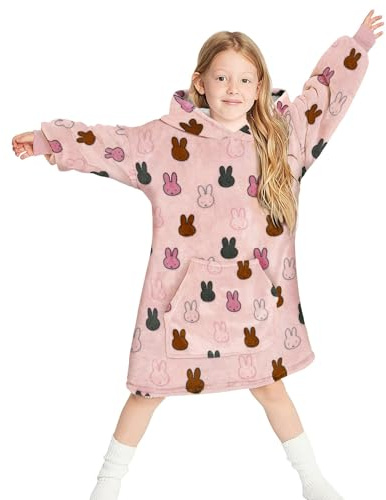 Gifts Treat Couverture à capuche surdimensionnée pour enfants filles et garçons – Sweat d'hiver en polaire Sherpa avec poche pour enfants – Moelleux, géant et chaud, Lapin rose., 5-7 ans