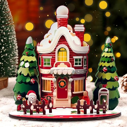 HUIKUANGEU Weihnachtsstadt,Weihnachtsdeko,Weihnachtshaus,Holz Weihnachtsdorf Häuser,Holz Holzhaus Deko Weihnachten Miniatur,Weihnachtsdekorationen,Geeignet für Die Weihnachtsdeko Büro