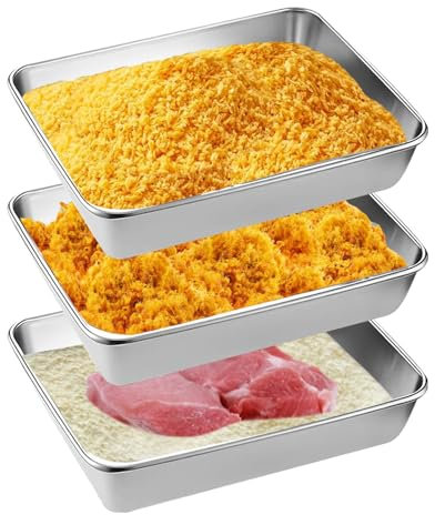 Cuencos Para Empanar, 3 Piezas Bandeja Rectangular, 25,5 x 19,5 x 5,8 cm Juego de Bandejas para Empanar, Bandeja Rectangular Apilable de Acero Inoxidable, para Conservar Alimentos o Ingredientes