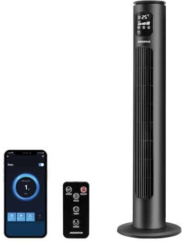 Aigostar Ventilador de Torre Inteligente con Mando a Distancia, WiFi+Bluetooth, Silencioso, 102 cm, Pantalla LED, 3 Modos, 3 Velocidades, Temporizador 24 H, Oscilante, Control App, Alexa y Google Home