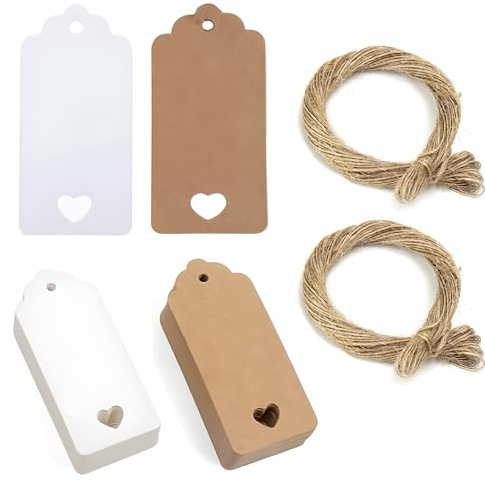 200 Pcs Blank Gift Tags with String, 3.5 X 7 CM Gift Tags for Presents, Hollow Heart Brown Labels with String, White Brown Tag for Crafts, Easter, Christmas, Wedding, with 40m Jute Twine String