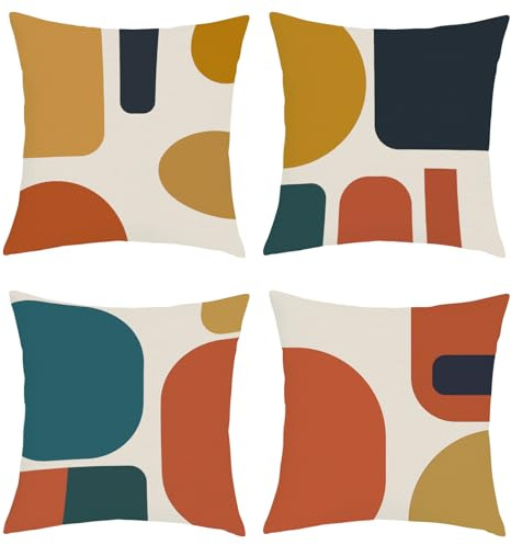 Joymaison Boho Abstract Geometric Cushion Covers 45 x 45 Pack of 4 Orange Mid Century Modern Retro Square Throw Pillow Case Decorative Sofa Cushion with Invisible Zipper