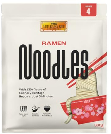 Lee Kum Kee Ramen Noodles 360 g (Pack of 1) - Asian Ramen, Ready in 3 Minutes, Hand-made Style, Tender Smooth Texture for Ramen Soup and Stir-fry, Serves 4 per pack