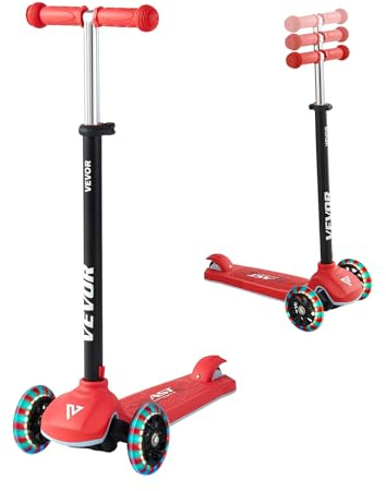 VEVOR Scooter (3 hjul) från 3 år, stadsskoter barnvagn med lysande hjul och höjdjusterbart styre och halksäkert däck och lätt aluminiumram, sparkcykel upp till 75 kg, röd