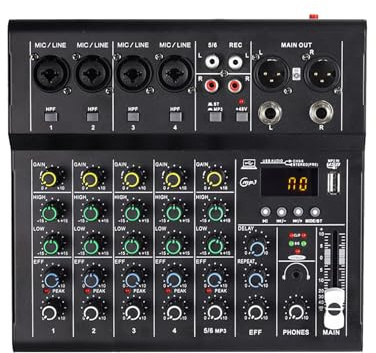 Plyisty Scenföreställningar 6-kanals Miniljudmixer med MP3 BT-spelare Inbyggd Gitarrförstärkare Bärbar Studioinspelningskonsol, Kompakt Design för små Evenemang (Svart)