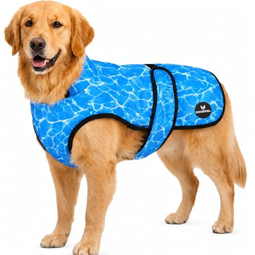 DOGOPAL Gilet Rafraîchissant pour Chien Activé par l'eau, Veste Réfrigérante avec Protection UV, Manteau d'Été Léger et Respirant à Col Haut pour Forte Chaleur, Promenades et Extérieur (Bleu, XL)