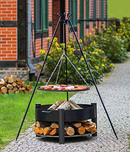 BlackOrange Brasero Wood-Stock - Diamètre : 70 cm - Avec barbecue pivotant - Hauteur : 180 cm - Manivelle soudée et grille de cuisson en acier Ø 60 cm