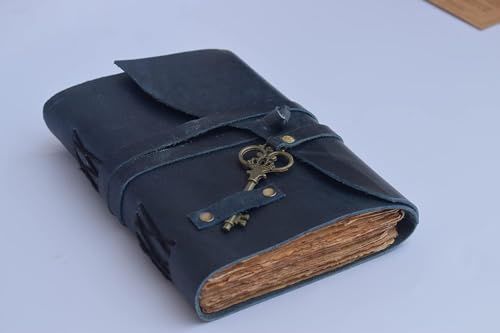 OVERDOSE Deckle Blue avec journaux en cuir clé - Journal en cuir vintage Journal de voyage et journal d'écriture de croquis intime Carnet de croquis Livre des ombres - 5X7 pouces | 12x17 cm