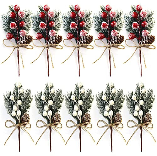 DWTECH 10 Pcs Artificial Pine Picks Christmas Pine Needles with Red Berries and Pine Cones for Christmas Craft, Garden, Wreath, Tree, Flower Arrangement, Christmas Party Decoration Gift
