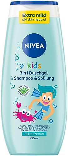 NIVEA KIDS 3-i-1 Duschgel, schampo och balsam, vård och rengöring för barn med magisk äppeldoft, extra mild, tvålfri hår- och hudvård för barn (250 ml)