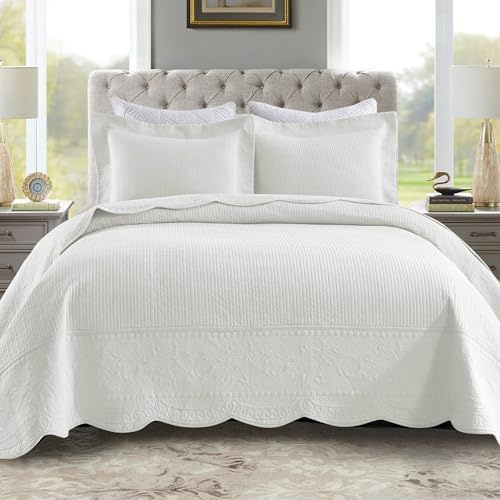 MarCielo 3-Piece 100% Cotton Oversized Bedspread Lightweight Quilt Coverlet Embroidery Farmhouse Bedding Set (TG Bright White, Oversized King (118x106))