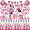 Minnie Mouse Pappteller Kindergeburtstag Deko- 100 Stück Rosa Minnie Geburtstag Geschirr Party Deko Mickey Geburtstagsdeko Mädchen Partygeschirr Set Servietten Tischdecke Luftballon Banner Tortendeko