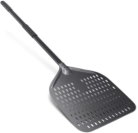 Pizza spade, 30 x 39 cm lång pizzaspade av hård anodiserad aluminium med värmeisolerande silikonhylsa, perforerad pizzaskrapa för pizzor, ugnsbröd, total längd 111 cm