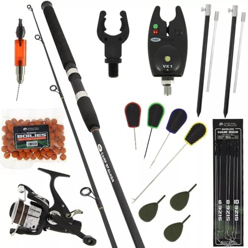Carp Fishing Starter Kit 8ft Stalker Rod, Reel, Bite Alarm & Tackle Set with Hair Rigs, Boilies, Sinkers & Accessories Combo