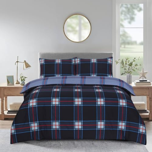 PRIME LINENS Duvet Cover Set 4 Pcs Brushed Microfibre Quilt Cover Bedding Set With Pillow Cases and Extra Fitted Sheet Included (Plaid Check Navy, King)