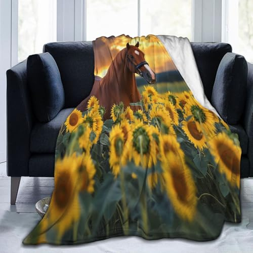 Mexpekil Throw Blanket Animal Horse Sunflowers Fleece Blanket 80X60, Anti-Pilling Cosy Flannel Throw For Sofa Bed Couch Picnic Travel, Machine Washable