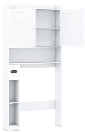 LIFEZEAL Scaffale Bagno Salvaspazio Sopra WC, Water, Toilette, Lavatrice, Mobile con Barra Regolabile per Adattabilità, Porta Carta Igienica, Ante, Ripiani, Armaidetto, Moderno, in Legno (bianco)