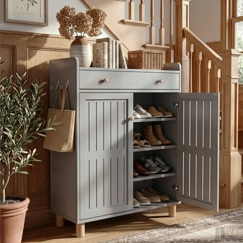 Blisswood Shoe Cabinet, Wooden Shoe Storage Cabinet Organizer with 1 Drawer & 2 Doors, Modern 4-Tier Shoe cupboard with Adjustable Shelves for Living Room, Hallway, Bedroom, 36D x 72W x 97H Grey