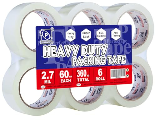P PERFECTAPE Heavy Duty Packing Tape 6 Rolls, Total 360Y, Clear, 2.7 mil, 1.88 inch x 60 Yards, Ultra Strong, Refill for Packaging and Shipping