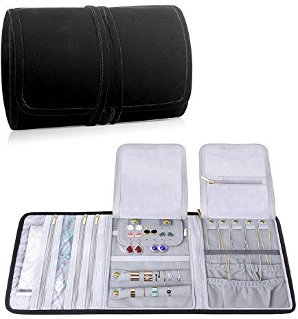 Teamoy Velvet Travel Jewelry Roll, Jewelry Storage Bag Organizer for Necklaces, Earrings, Bracelets, Rings, Brooches and More, Compact and Easy to Carry (Large, Velvet- Black)