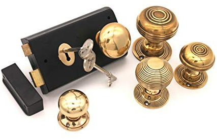 Infinity Decor Old Victorian Style Black Door Rim Lock + Antique Solid Brass Door Knob Set (N) (Cottage Large 50mm)