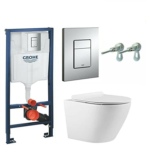 Anas Grohe Frame 1.13 Concealed Cistern 38772001 Wc Frame with Compact Rimless Sterling Wall Hung Toilet Pan