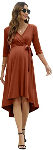 KOJOOIN Robe de maternité pour Femme Robe d'allaitement Festive Col en V Manches 3/4 Robe de maternité avec Ceinture,Caramel(3/4 Manches),S