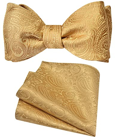 GUSLESON Gold Self Tied Bow Tie Mens Silk Paisley Bow tie Pocket Square Set for Wedding (0652-17)