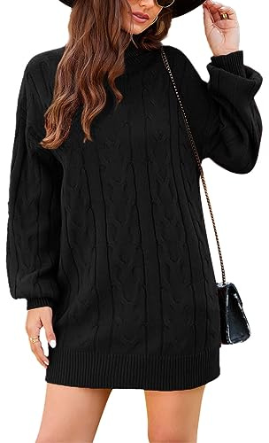 JFAN Vestito Invernale Donna Elegante Collo Alto Abito Lavorato a Maglia Vestiti Maglioni Girocollo Casual Trapezio Abito Nero L