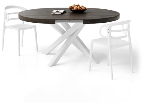 MOBILI FIVER, Table Ronde Extensible Emma, 120-160 cm, Noyer américain, avec Pieds Blancs croisés, pour 4-6 Personnes, Table Extensible pour Cuisine, Salon, Made in Italy