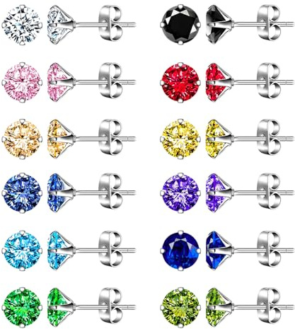 INFINIONLY Femme Boucles d'oreilles Diamant en Acier Inoxydable Boucles d'oreilles Solitaire à 4 Griffes Clous d'oreilles 5mm Zircon pour Homme 14 Paires Oreilles Percées Set en Multi-couleurs