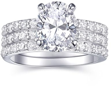 AONED Engagement Ring Wedding Ring For Women Fake Faxu Cubic Zircon Set Silver 2 Carat Oval Cz Promise Rings For Her Bridal Sets 3pcs, Size 7