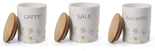 UTILISSIMI EDITACASA - Set di 3 Barattoli per Caffè, Sale e Zucchero con Coperchio in Legno, Ceramica, Decoro Floreale, 10 x 13 cm