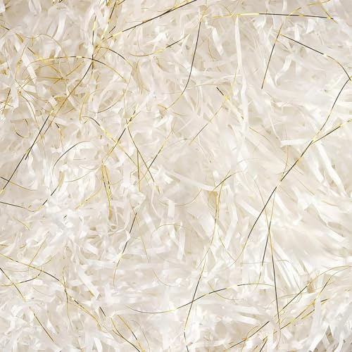 220g White and Gold Shredded Tissue Paper, shredded tissue paper for gift boxes, Ideal Hamper Filling and Stuffing Suitable for Easter Grass, Birthday Gift Decorations, DIY Gift Packaging