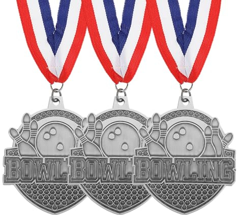 PATIKIL Bowlingspel, silverprismedaljer med röda och vita och blå band, 3 st vinnarmedaljer guld silver bronspriser för tävlingar sportfest, silver