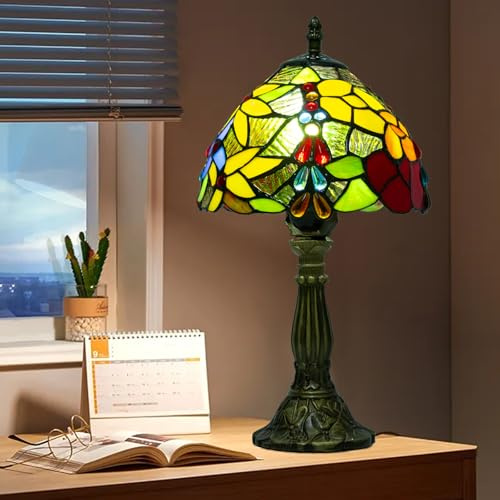 Ppbmocw Tiffany Style Lamp,Flower Beads,3 Color Temperatures,8 inch | Small Stained Glass Table Lamp For Bedside,Living Room,Bedroom,Reading,Traditional Light,Vintage Art Deco Lamps,Holiday Gifts