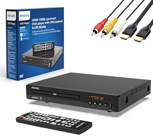 Philips Lettori DVD per TV con porta HDMI 1080P All Region HD lettore DVD per Smart TV USB Ingresso dispositivo telecomando, Mini DVD CD Player per sistema stereo domestico, cavo HDMI e RCA incluso