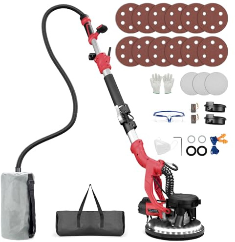 Drywall Sander, 1000W Popcorn Ceiling Removal Tool, Foldable Automatic Drywall Sander with Vacuum Dust Collection, LED Light, 6 Variable Speed 800-2200RPM,15Pcs Sanding Discs (Red）