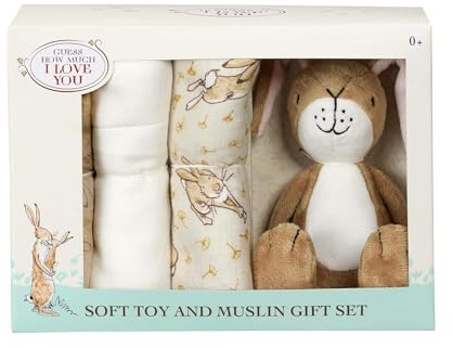 Rainbow Designs Guess How Much I Love You, set regalo essenziale per bambini, con peluche a forma di lepre color nocciola e 3 panni in mussola di cotone, in scatola illustrata, regalo per baby shower